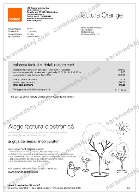Moldova Orange utility bill template, fully editable in PSD format